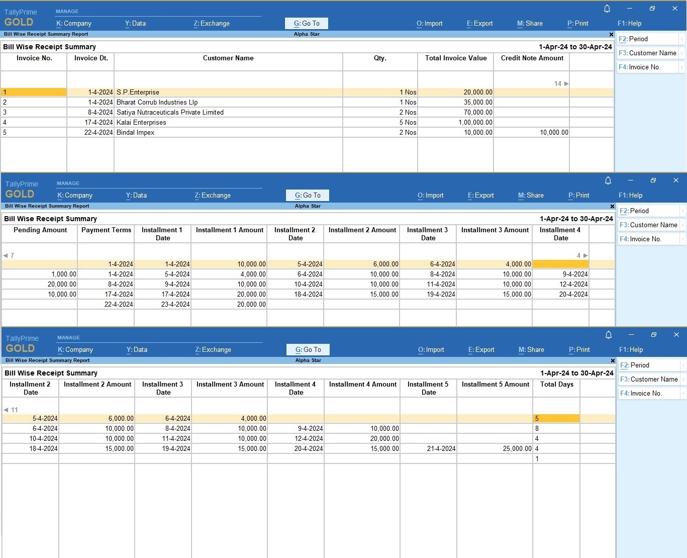 Bill Wise Receipt Payment Report with Cleared Days Details